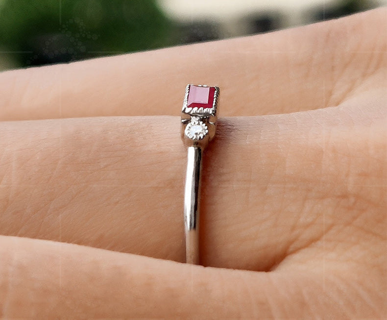 Stackable Ruby Baguette Ring - July Birthstone Minimalist Jewelry