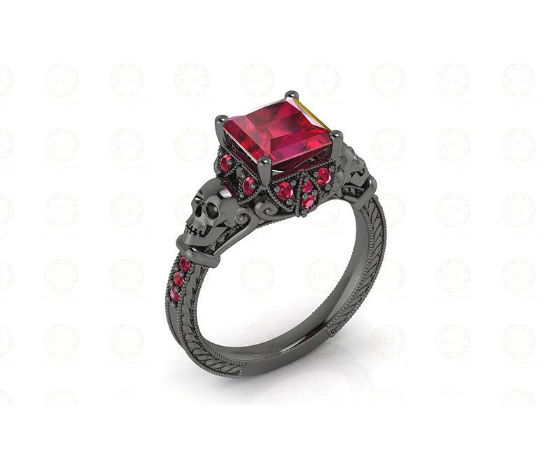 2.35 Ct Gothic Skull Princess Vintage Engagement Ring, Birthstone July Ruby gemstone ring, CZ Women ring, Sterling Silver, Wedding Ring