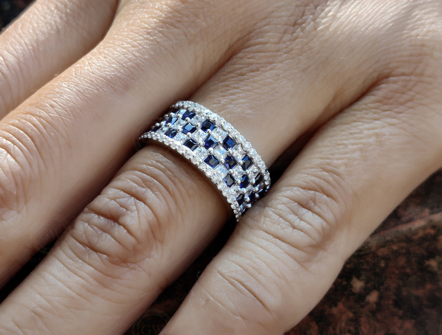 9 mm Wide Full Eternity Wedding Band, 5.20 Ct Round and Princess White & Blue Sapphire Promise Ring, Chess Pattern Stackable band ring