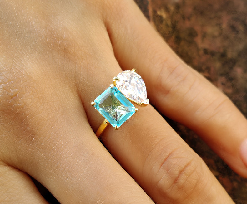 Toi Et Moi Gold Ring / Pear & Aquamarine Emerald Ring / Two Stone Ring / 2 Stone Aquamarine Engagement Ring / Women Wedding Ring