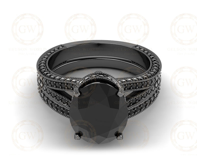 4.15 Ct Gothic Skull Bridal Vintage Wedding Ring Set, Unique Skull milgrain Oval Engagement ring set, Stacking Matching Band for Her