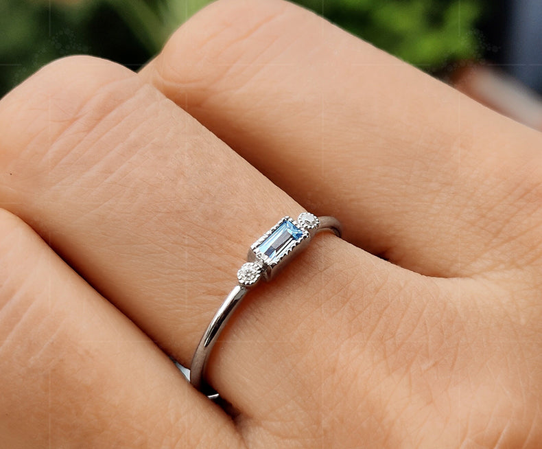 March Birthstone Elegance: Minimalist Baguette Aquamarine Ring for Mom