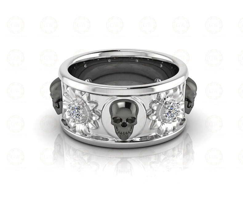 10 mm Wide Nature Inspired Unique Gothic Skull Wedding Band, Simulated Diamond, Sterling silver, Anniversary Ring, Floral Eternity Band