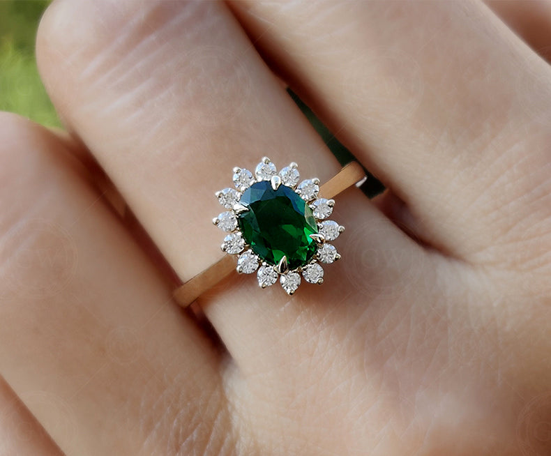 Emerald Halo Engagement Ring, Green Gemstone Rings For Women, May Birthstone Ring, Oval Emerald Halo Ring Gold Anniversary Ring Promise Ring
