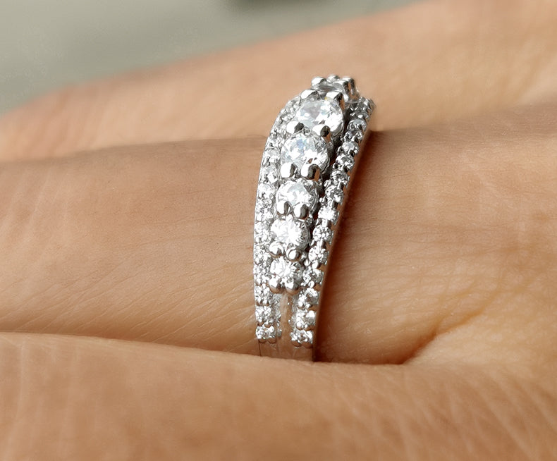 Silver and Gold 3 Row Stackable Anniversary Ring with Round Moissanite - Unique Dainty Minimalist Ring