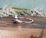 East West Emerald Cut Engagement Ring, Blue Emerald Cut Moissanite Solitaire Ring, Sideways Promise Ring For Her, Mom Birthstone Ring