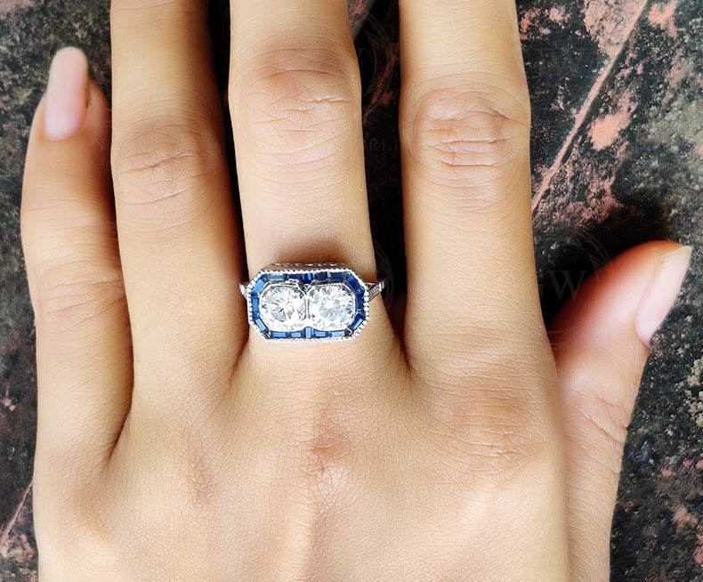 Toi et Moi Art Deco Halo Engagement Ring / CZ Blue Sapphire Baguette Estate Ring