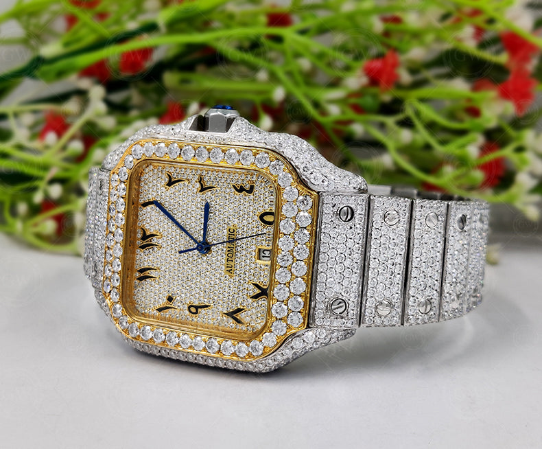 Moissanite Diamond iced out Luxury watches, Fully Automatic Hip Hop Buss Down Watch Two Tone (Yellow)