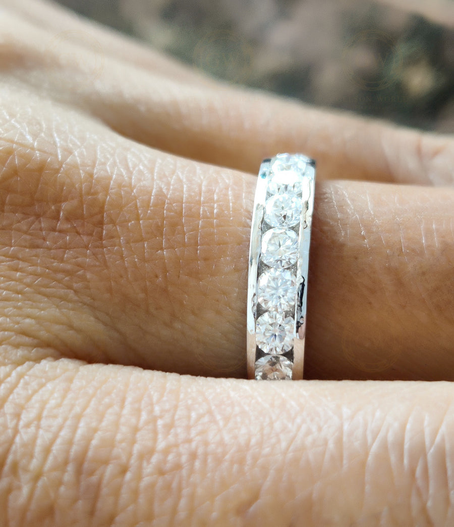 Round Moissanite Channel Set Wedding Band, Half Eternity Anniversary Wedding Ring For Her, Matching Band, Stackable Ring