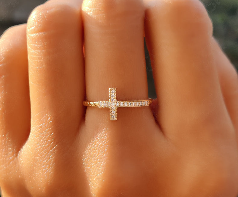 Sacred Beauty: Christian Cross Ring in Silver and Solid Gold, a Sideways Religious Ring with Cable Twists and Round Moissanite