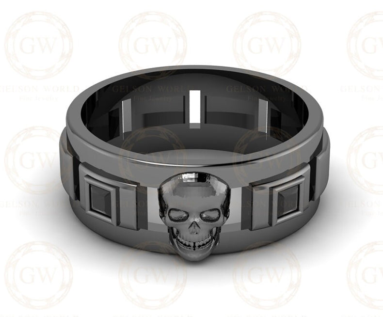 7.50 mm Wide Personalized Unique Men's Gothic Skull Wedding Band, Punk Style Biker Ring, Black CZ Diamond Sterling silver, Promise Band Him