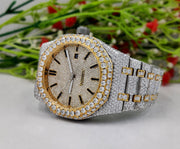 Moissanite Diamond iced out Luxury watches, Fully Automatic Hip Hop Buss Down Round Watch (Yellow)