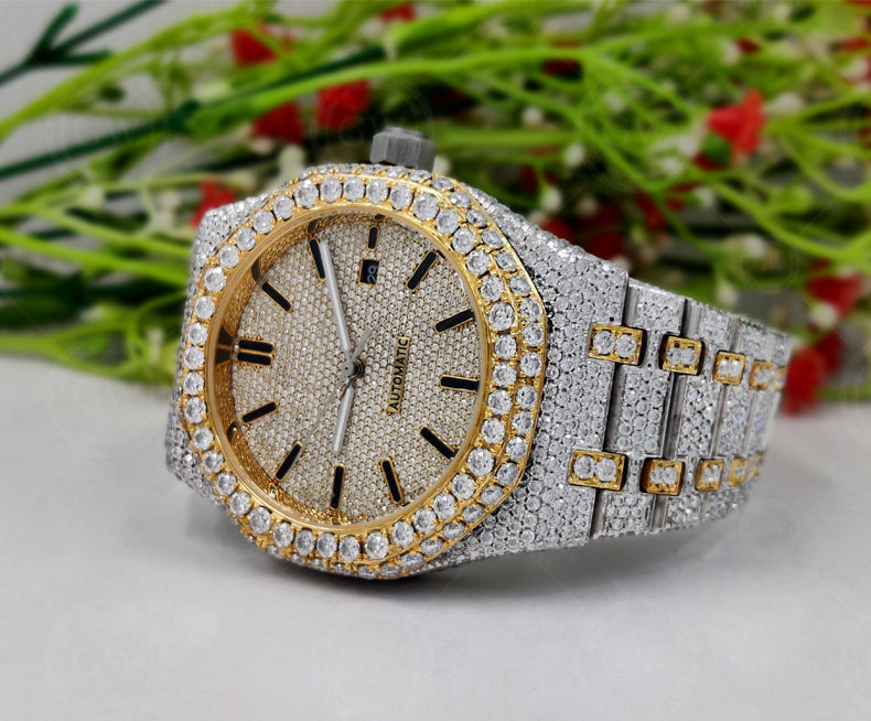 Moissanite Diamond iced out Luxury watches, Fully Automatic Hip Hop Buss Down Round Watch (Yellow)