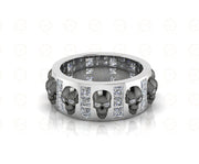 8 mm Wide Unique Gothic Skull Wedding Band, Full Eternity Ring, Simulated Diamond, Sterling silver, Anniversary Ring, Band for Mens & Women