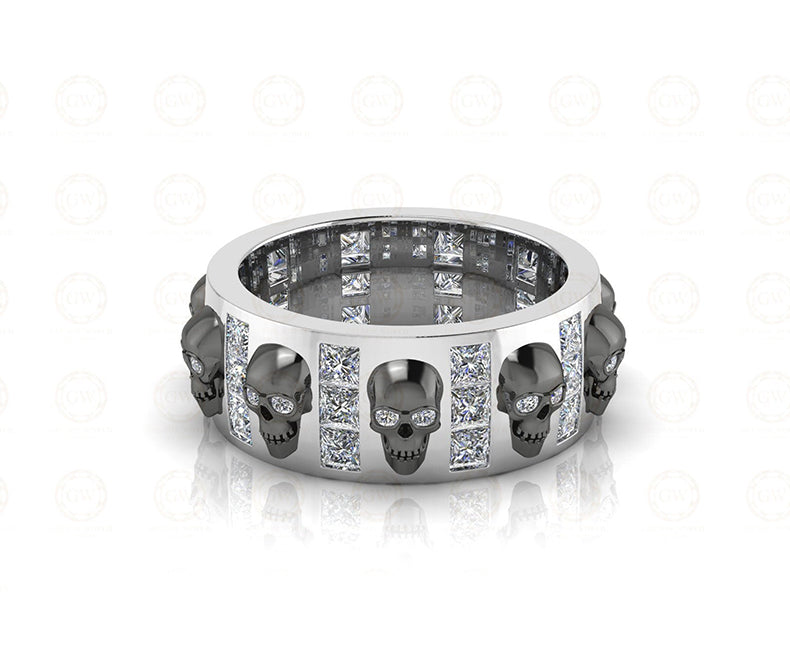 8 mm Wide Unique Gothic Skull Wedding Band, Full Eternity Ring, Simulated Diamond, Sterling silver, Anniversary Ring, Band for Mens & Women