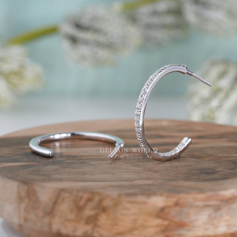 C Shaped Pave Diamond Earrings For Women, Open Hoop Earrings, Lab Grown Diamond C Hoop Earrings, 10K Silver and Yellow White Rose Gold Earrings