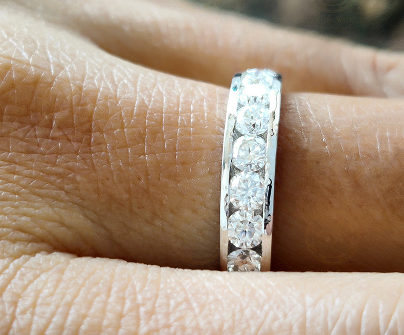 Round Moissanite Channel Set Wedding Band, Half Eternity Anniversary Wedding Ring For Her, Matching Band, Stackable Ring