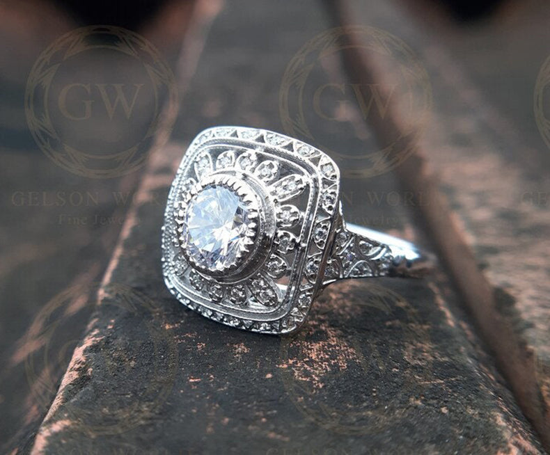 Art Deco Vintage Ring, Edwardian Style Ring, Art Deco Engagement Ring, Unique Moissanite Ring, Estate Rings For Women, Cocktail Ring