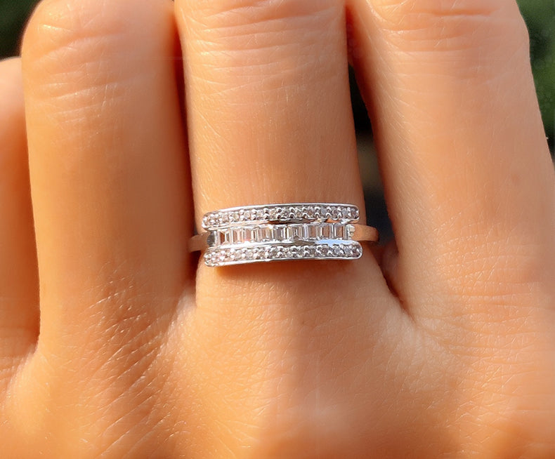 Timeless Sparkle: Moissanite Baguette and Round Cut Wedding Band for Anniversaries, a Minimalist Delight in Silver and Gold