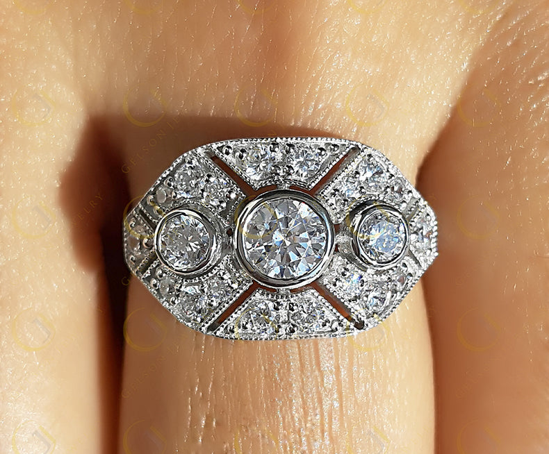 Round Moissanite Shield Vintage Engagement Ring, Unique Estate Wedding ring, Art Deco Sterling Silver Rings, Mothers Day Gift