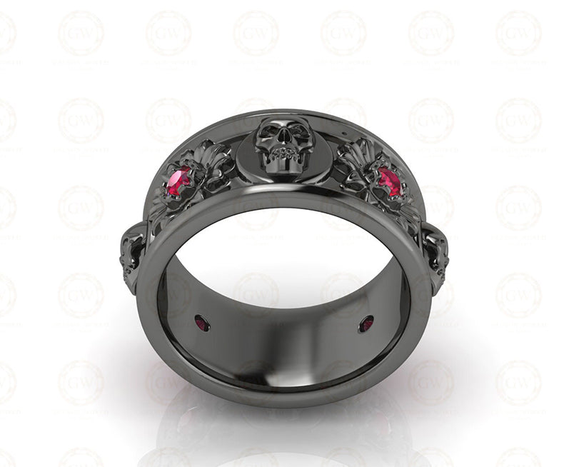 10 mm Wide Nature Inspired Floral Gothic Skull Wedding Band, Birthstone July Ruby gemstone ring, 925 Sterling Silver, Floral Eternity Band