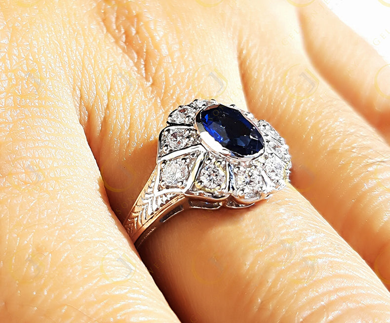 Art deco Engagement Ring, Oval Blue Sapphire Simulated Diamond, Vintage wedding ring, Sterling Silver, Promise ring, Gift for Her