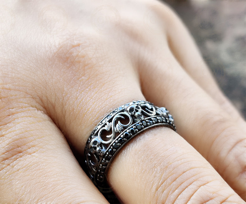 8 mm Wide Floral Unique Gothic Skull Wedding Band, Moissanite Diamond Silver Ring, 2 Row Anniversary Ring, Nature Inspired Eternity Band