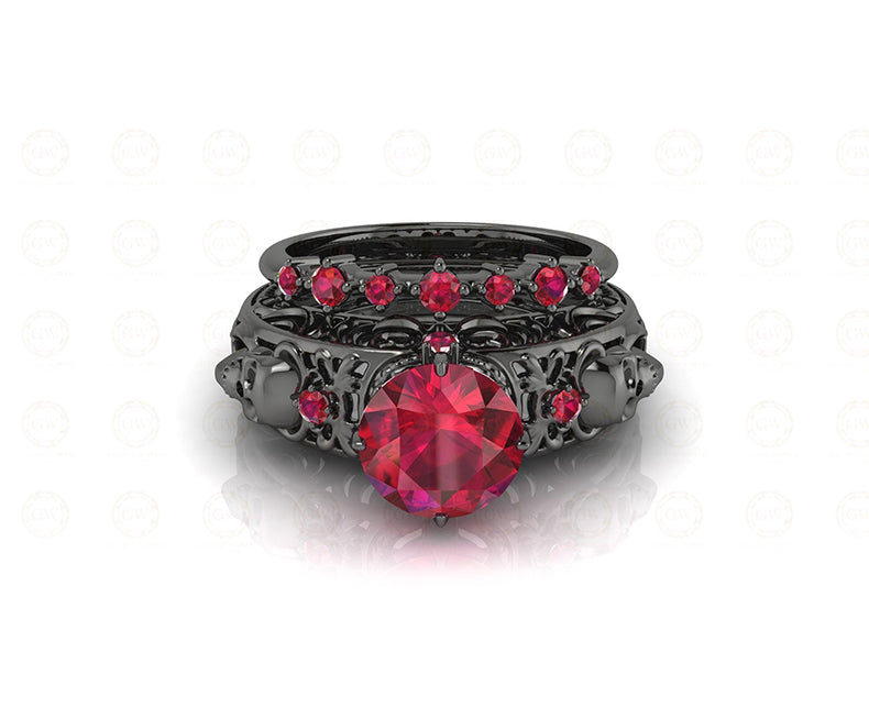 2.15 Ct Unique Gothic Skull Round Floral Vintage Bridal Engagement Ring Set, Birthstone July Ruby gemstone ring, Matching Band, Women Ring