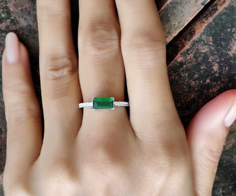 Gemstone engagement ring, Green Emerald Baguette Stacking Rings, Rings for women, Sterling silver, Birthstone Jewelry