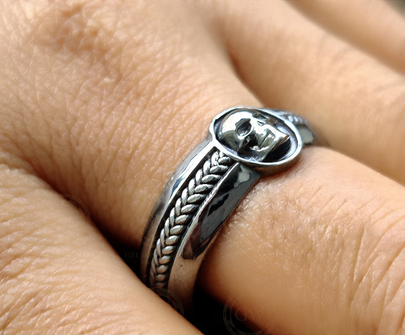 Unique Gothic Skull Bridal Men's Wedding Band, Anniversary Ring, Modern Design, Promise Band, Punk Signet Ring, Black Sterling Silver