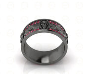 8 mm Wide Unique Design Bridal Gothic Skull Wedding Ring, Punk Biker Ring, Birthstone July Ruby gemstone ring, Sterling Silver, Anniversary