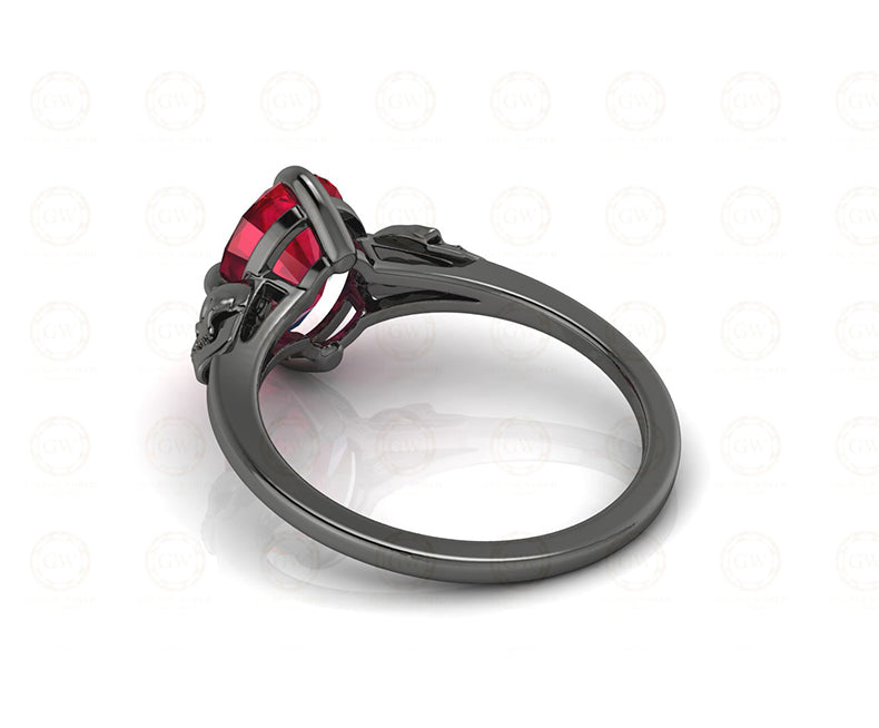 1.70 Ct Two Skull CZ Oval Solitaire Engagement Wedding Ring, Birthstone July Ruby gemstone ring, Sterling Silver, Gothic Women ring