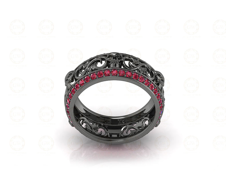 8 mm Wide Floral Unique Gothic Skull Wedding Band, Birthstone Ring, July Ruby gemstone ring, Nature Inspired Eternity Band, Sterling Silver