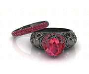 2.15 Ct Gothic Skull Round Floral Vintage Engagement Wedding Ring Set, Birthstone July Ruby gemstone ring, Matching Band, Ring Set For Women