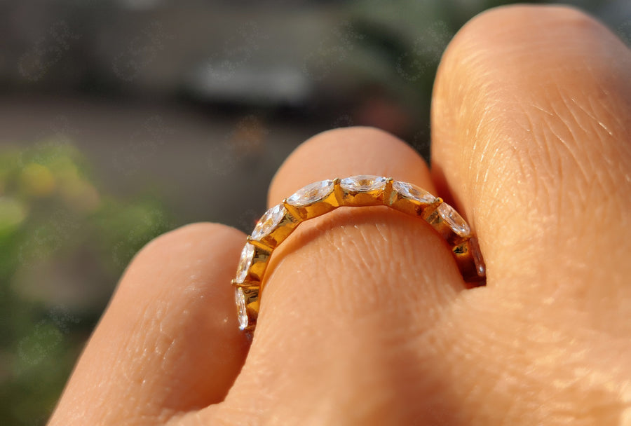 Marquise Moissanite Wedding Band: Floating Full Eternity Ring in Silver and Gold