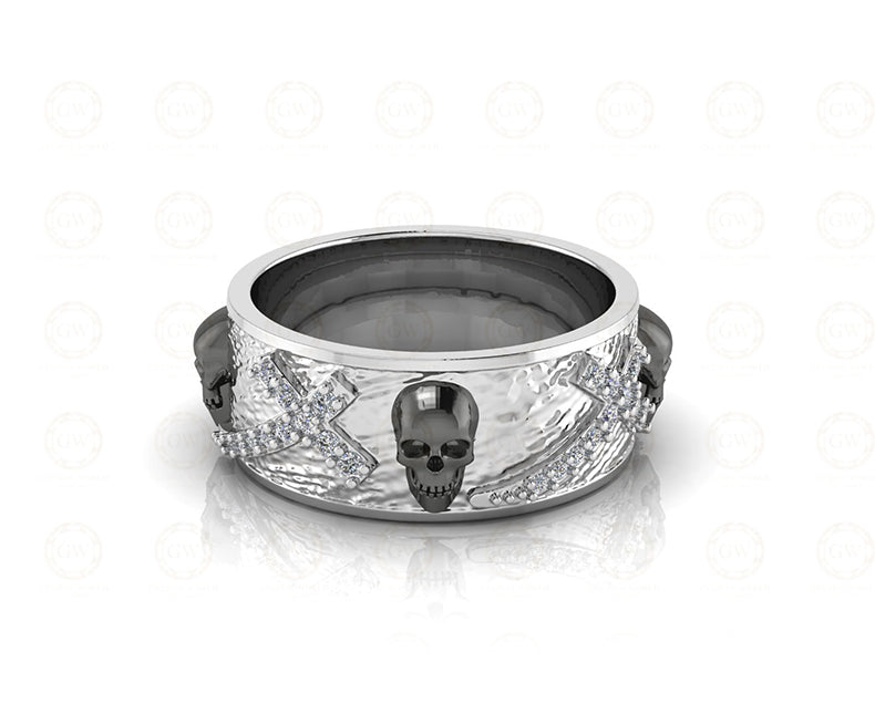 8 mm Wide Unique Cross Men's Gothic Skull Wedding Band, Punk Style Biker Ring, Black CZ Sterling silver, Anniversary Ring, Eternity Band