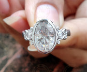 Antique Estate Bezel Moissanite Large Oval Engagement Ring In 925 Sterling Silver For Women