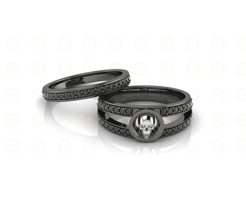 0.45 Ct Unique Black Gothic Halo Bridal Skull Engagement Ring Set, Matching Skull Wedding Rings, Sterling silver, Half Eternity Band