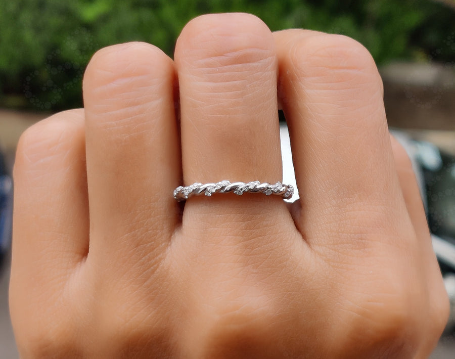 Twisted Wedding Band - Twisted Rope Ring - Silver and Gold Braided Ring - Moissanite Eternity Twisted Wire Ring - Women's Wedding Ring