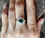 1.70 Ct Round Cut Green Emerald Vintage Engagement Ring, Emerald Gemstone Art Deco Halo Ring for women, Anniversary Silver Estate Ring