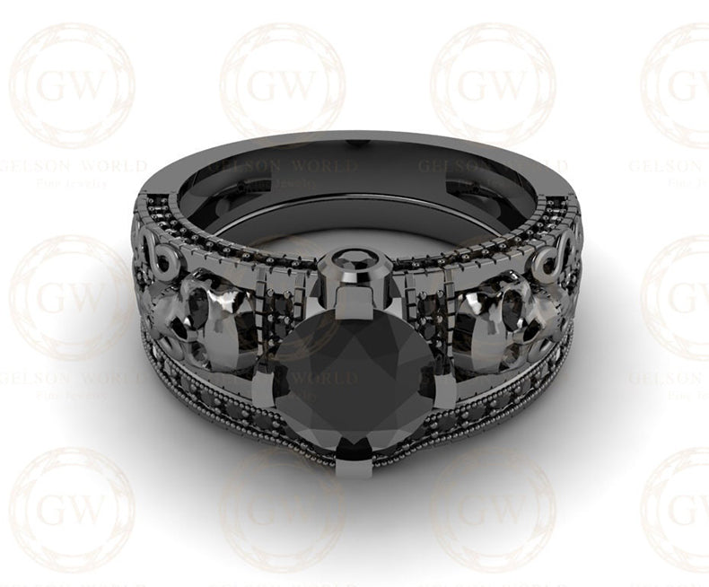 1.75 Ct Gothic Skull Bridal Wedding Ring Set, Round Black Diamond, Unique Skull Vintage Engagement ring set, Stacking Matching Band for Her