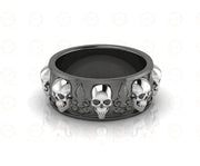 8 mm Wide Unique Gothic Skull Wedding Band, heraldic lily, Biker Ring, Simulated Diamond, Sterling silver, Anniversary Ring, Eternity Band