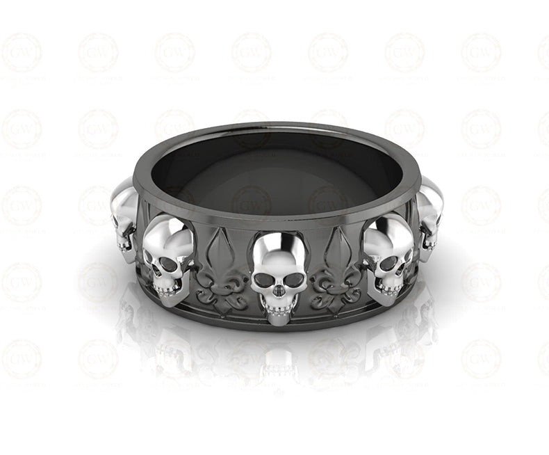 8 mm Wide Unique Gothic Skull Wedding Band, heraldic lily, Biker Ring, Simulated Diamond, Sterling silver, Anniversary Ring, Eternity Band