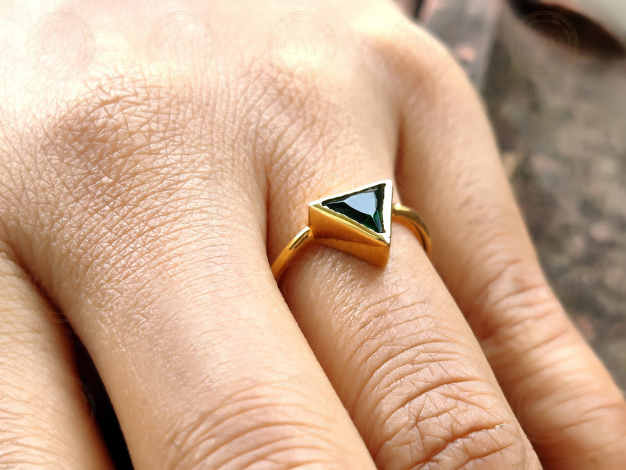 Silver and Gold Triangle Shape Emerald Minimalist engagement ring, Matching Stacking Ring, Dainty Diamond Ring, Gemstone Birthstone Ring