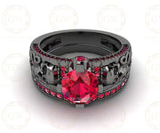 1.75 Ct Gothic Skull Bridal Wedding Ring Set, Unique Ruby July Birthstone Vintage Engagement ring set, Matching Band for her, Black Skull