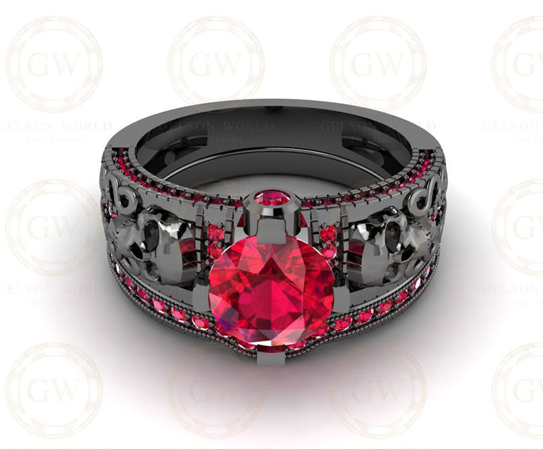 1.75 Ct Gothic Skull Bridal Wedding Ring Set, Unique Ruby July Birthstone Vintage Engagement ring set, Matching Band for her, Black Skull