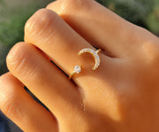 Crescent Moon Moissanite Ring - Double Horn Open Design - Diamond Stacking Rings - Promise Ring - Stackable