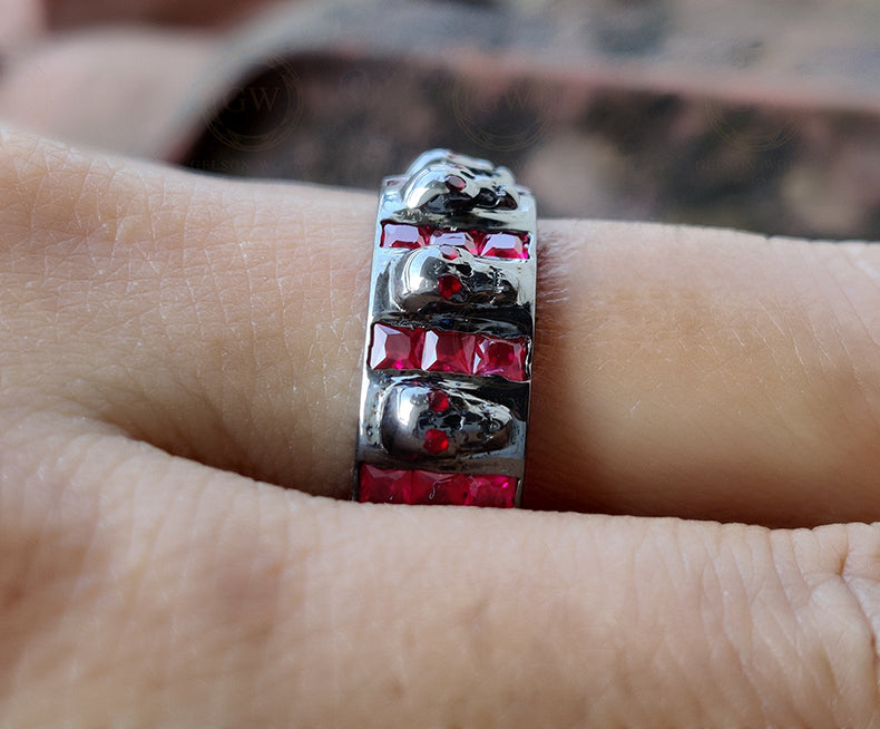 8 mm Wide Unique Gothic Skull Wedding Band Sterling Silver, Full Eternity Ring, Birthstone Ring, Ruby gemstone ring, Band for Men & Women