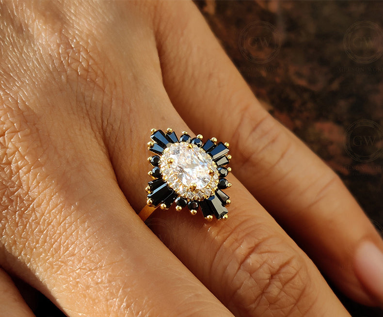 14k Gold Starburst Halo Engagement Ring / Art Deco Wedding Ring / Black Baguette / Oval Moissanite Ring / Women Sunburst Ring / Gift For Her