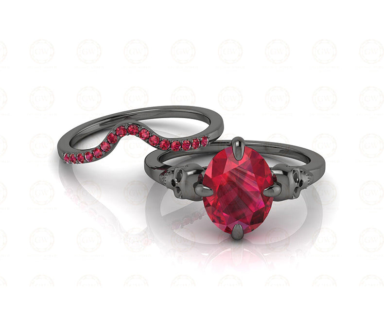 1.80 Ct Two Gothic Skull CZ Oval Solitaire Engagement Wedding Ring Set, Birthstone July Ruby gemstone Women ring, Matching Band, 925 Silver